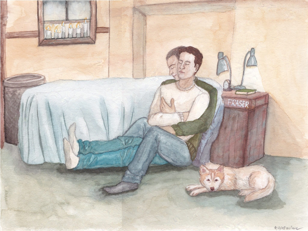 Fraser sitting in Vecchio's arms